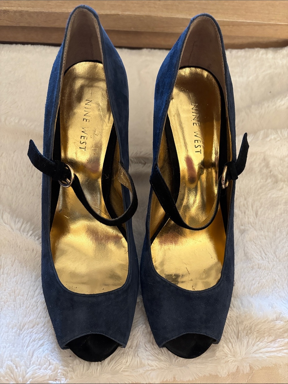 Nine West Navy Suede Peep-Toe Heels with Gold Metallic Insole